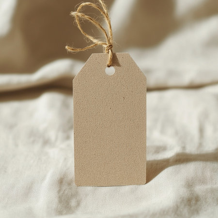 Minimalist paper tag mockup with natural fiber twine placed on a soft linen background. The scene...