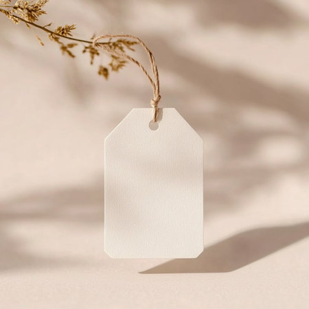 Minimalist paper tag mockup with natural fiber twine placed on a soft linen background. The scene...