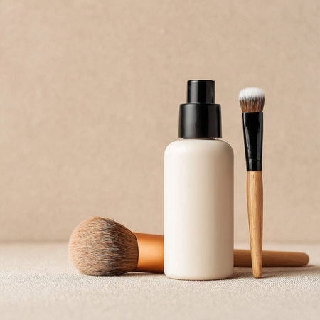 Minimalist cosmetic bottle and soft makeup brush displayed on a soothing, neutral background with delicate accents. Perfect for beauty, skincare, and self-care product promotion. The soft color palette and clean composition convey a sense of calm, elegance, and purity, ideal for luxury wellness branding or product mockupsの写真素材