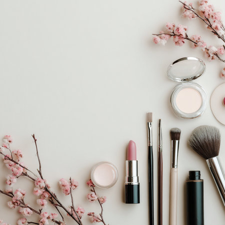 A top view flat lay of various elegant makeup and skincare products arranged with delicate pink flowers on a soft pastel background. The scene includes brushes, lipstick, powder, and cosmetic containers in a feminine and luxurious layout. Ideal for promoting beauty, wellness, and lifestyle products with a calming, clean, and modern aestheticの写真素材