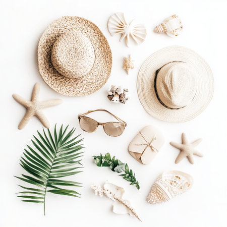 Beach accessories and palm leaves on white background. Flat lay, top viewの写真素材