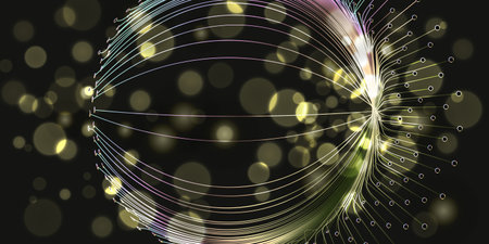 Futuristic abstract background featuring a glowing sphere made of fine digital lines and nodes,...