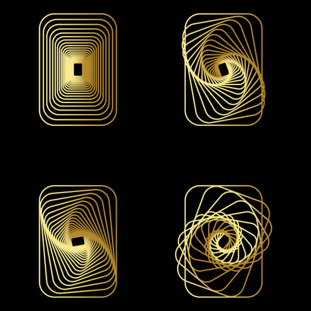 A collection of abstract geometric triangle designs rendered in luxurious golden lines on a black background. This set features symmetrical and spiral-inspired patterns, blending elegance and modernity. Perfect for premium branding, digital design, packaging, backgrounds, and luxury-themed projects. These minimal and stylish line art shapes evoke sophistication and futuristic aestheticsのイラスト素材