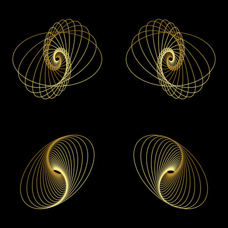 Elegant abstract golden spiral design on a black background. Modern geometric shapes with a luxurious and futuristic look. Perfect for backgrounds, wallpapers, digital art, posters, or branding visualsのイラスト素材