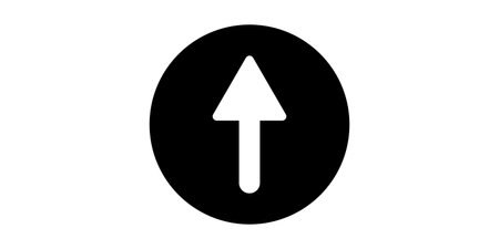 Black circle with a white upward arrow inside, symbolizing upload, progress, growth, and navigation. Perfect for user interface design, apps, websites, infographics, business concepts, or educational projectsのイラスト素材