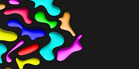Dynamic abstract background with colorful liquid shapes on a dark surface. Bright neon gradients in...