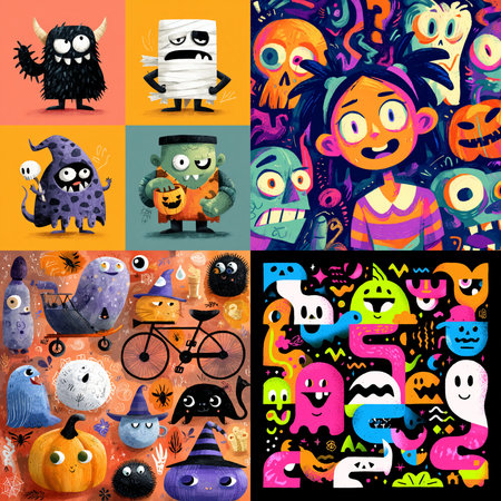 Playful cartoon-style Halloween background with vibrant and colorful abstract shapes. Ideal for...