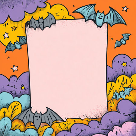 A colorful and playful Halloween poster or banner in cartoon style featuring vibrant layered abstract shapes and a central blank area for custom text or messages. Perfect for party invitations, seasonal promotions, social media posts, or event flyers. This fun and festive design combines Halloween elements like spooky colors and whimsical patterns, appealing to both children and adultsの写真素材