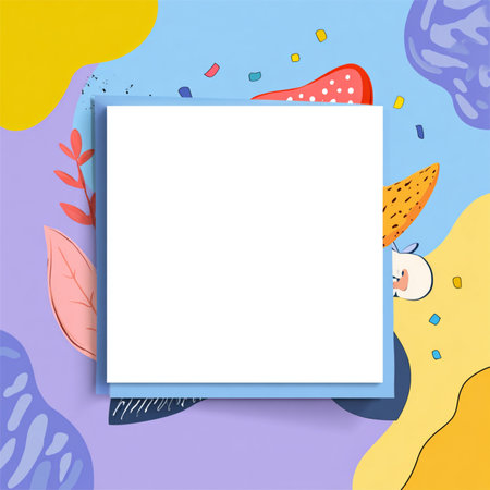 Creative and colorful abstract background in modern paper cut style with vibrant 3D layered shapes and a central blank area for text. This eye-catching design is perfect for promotional banners, posters, flyers, ads, or social media graphics. The combination of playful elements, bold colors, and cartoon-like style makes it ideal for creative marketing materials and kid-friendly contentの写真素材