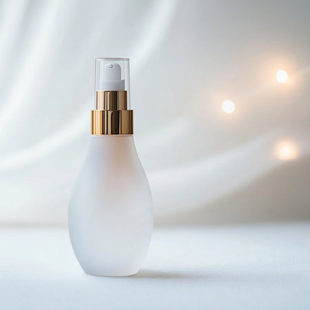 Minimalist cosmetic bottle and soft makeup brush displayed on a soothing, neutral background with delicate accents. Perfect for beauty, skincare, and self-care product promotion. The soft color palette and clean composition convey a sense of calm, elegance, and purity, ideal for luxury wellness branding or product mockupsの写真素材