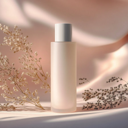 Minimalist cosmetic bottle displayed on a soothing, neutral background with delicate accents. Perfect for beauty, skincare, and self-care product promotion. The soft color palette and clean composition convey a sense of calm, elegance, and purity, ideal for luxury wellness branding or product mockupsの写真素材