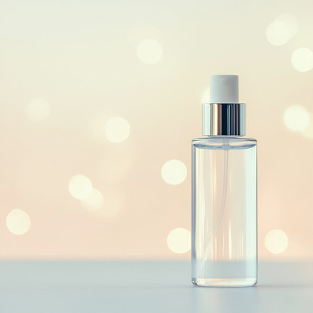 Minimalist cosmetic bottle and soft makeup brush displayed on a soothing, neutral background with...