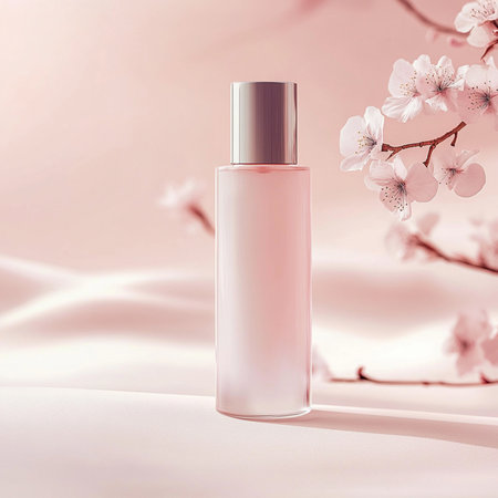 Minimalist cosmetic bottle and soft makeup brush displayed on a soothing, neutral background with delicate accents. Perfect for beauty, skincare, and self-care product promotion. The soft color palette and clean composition convey a sense of calm, elegance, and purity, ideal for luxury wellness branding or product mockupsの写真素材