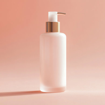 Minimalist cosmetic bottle displayed on a soothing, neutral background. The soft color palette and clean composition convey a sense of calm, elegance, and purity, ideal for luxury wellness branding or product mockupsの写真素材
