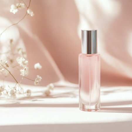 Minimalist cosmetic bottle and soft makeup brush displayed on a soothing, neutral background with...