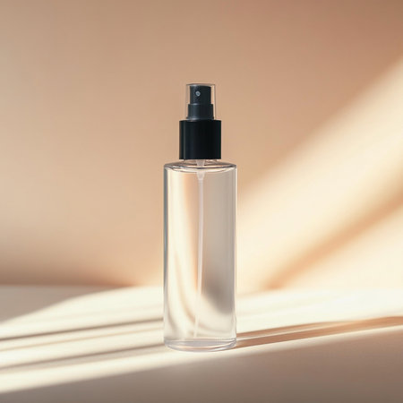 Minimalist cosmetic bottle and soft makeup brush displayed on a soothing, neutral background with...