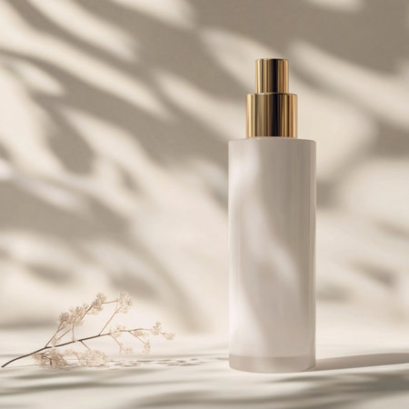 Minimalist cosmetic bottle displayed on a soothing, neutral background with delicate accents....