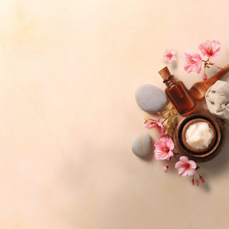 A gentle and elegant composition of spa and cosmetic products including lotion bottles, cream jar,...