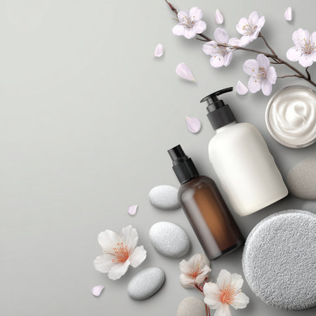 A gentle and elegant composition of spa and cosmetic products including lotion bottles, cream jar, and soft towels. Set against a soothing, pastel-toned background with delicate floral accents. Perfect for skincare, beauty, or wellness branding. The minimal aesthetic and relaxing color palette evoke calm, purity, and feminine care â ideal for product presentations or advertisingの写真素材