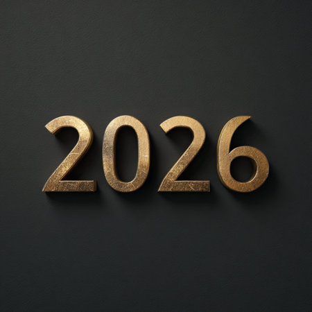 Happy New Year 2026 festive banner with shiny golden numbers on a dark background. Elegant design...