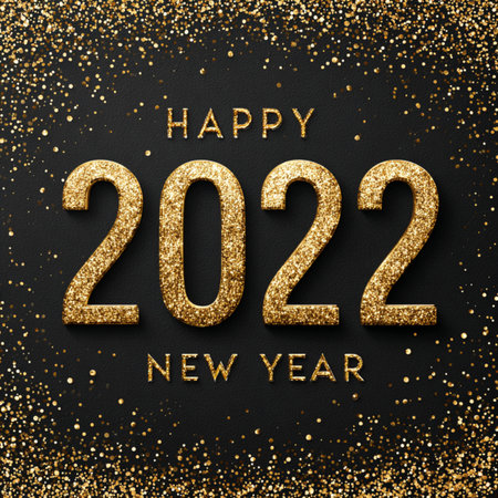 Happy New Year 2022 festive banner with shiny golden numbers on a dark background. Elegant design...