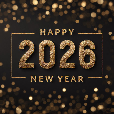 Happy New Year 2026 festive banner with shiny golden numbers on a dark background. Elegant design...