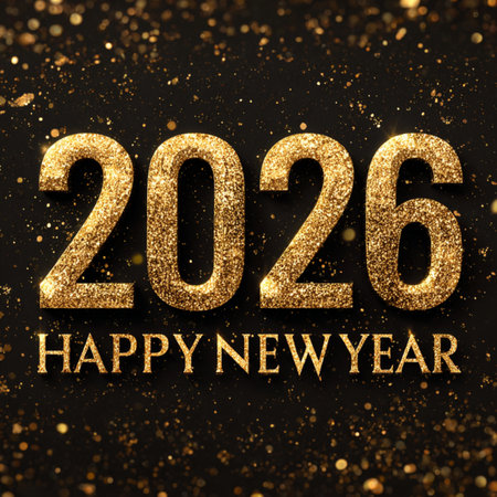 Happy New Year 2026 festive banner with shiny golden numbers on a dark background. Elegant design...