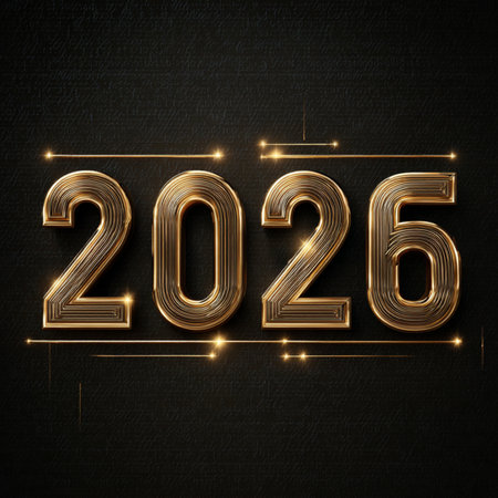 Happy New Year 2026 festive banner with shiny golden numbers on a dark background. Elegant design...