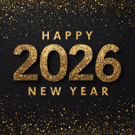 Happy New Year 2026 festive banner with shiny golden numbers on a dark background. Elegant design...