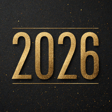 Happy New Year 2026 festive banner with shiny golden numbers on a dark background. Elegant design...