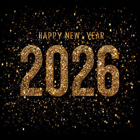 Happy New Year 2026 festive banner with shiny golden numbers on a dark background. Elegant design...