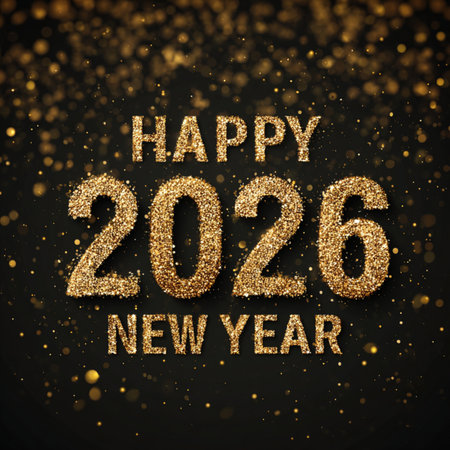 Happy New Year 2026 festive banner with shiny golden numbers on a dark background. Elegant design...