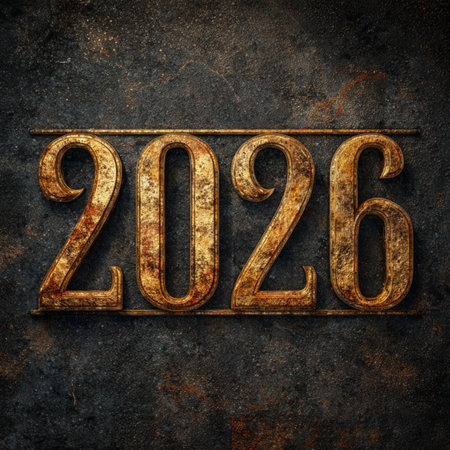 Happy New Year 2026 festive banner with shiny golden numbers on a dark background. Elegant design...