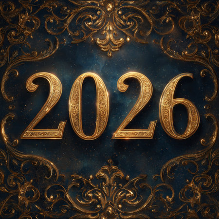 Happy New Year 2026 festive banner with shiny golden numbers on a dark background. Elegant design...