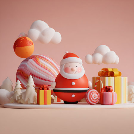3D cartoon-style minimalist Christmas and New Year illustration in playful bright colors. Modern festive design with cute holiday elements, perfect for greeting cards, posters, invitations, social media, advertising, seasonal decor, and digital projectsの写真素材
