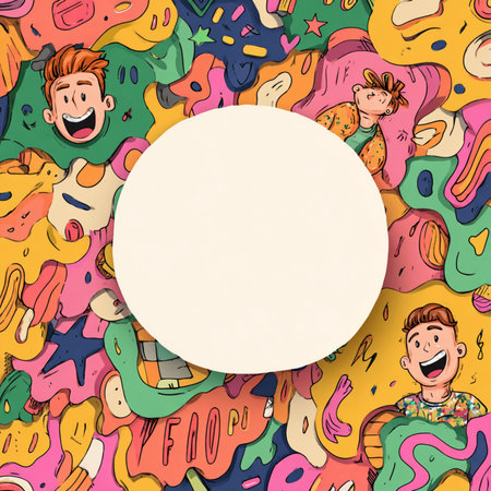 Creative and colorful abstract background in modern paper cut style with vibrant 3D layered shapes and a central blank area for text. This eye-catching design is perfect for promotional banners, posters, flyers, ads, or social media graphics. The combination of playful elements, bold colors, and cartoon-like style makes it ideal for creative marketing materials and kid-friendly contentの写真素材