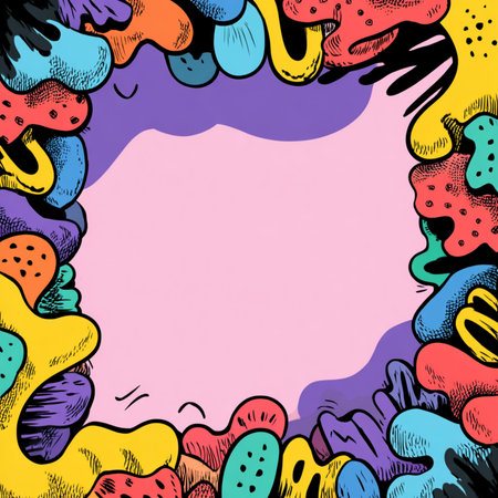 Creative and colorful abstract background in modern paper cut style with vibrant 3D layered shapes and a central blank area for text. This eye-catching design is perfect for promotional banners, posters, flyers, ads, or social media graphics. The combination of playful elements, bold colors, and cartoon-like style makes it ideal for creative marketing materials and kid-friendly contentの写真素材