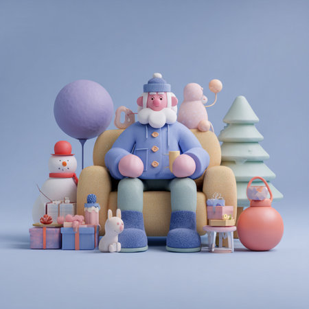 3D cartoon-style minimalist Christmas and New Year illustration in playful bright colors. Modern festive design with cute holiday elements, perfect for greeting cards, posters, invitations, social media, advertising, seasonal decor, and digital projectsの写真素材