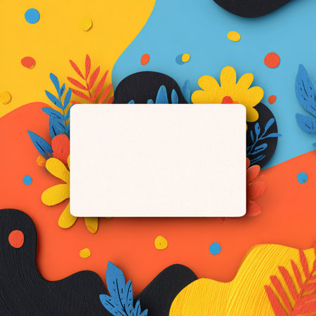 Creative and colorful abstract background in modern paper cut style with vibrant 3D layered shapes and a central blank area for text. This eye-catching design is perfect for promotional banners, posters, flyers, ads, or social media graphics. The combination of playful elements, bold colors, and cartoon-like style makes it ideal for creative marketing materials and kid-friendly contentの写真素材