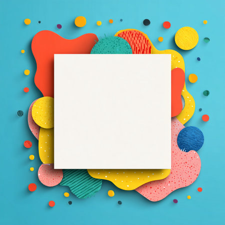 Creative and colorful abstract background in modern paper cut style with vibrant 3D layered shapes and a central blank area for text. This eye-catching design is perfect for promotional banners, posters, flyers, ads, or social media graphics. The combination of playful elements, bold colors, and cartoon-like style makes it ideal for creative marketing materials and kid-friendly contentの写真素材
