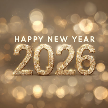 Happy New Year 2026 greeting banner featuring golden numbers on a clean white background with a soft...