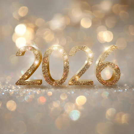 Happy New Year 2026 greeting banner featuring golden numbers on a clean white background with a soft...