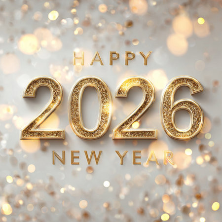 Happy New Year 2026 greeting banner featuring golden numbers on a clean white background with a soft...