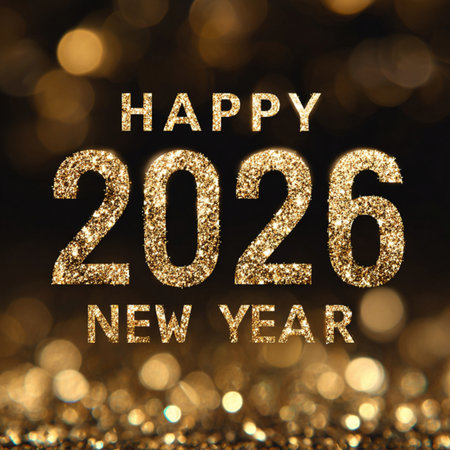 Happy New Year 2026 festive banner with shiny golden numbers on a dark background. Elegant design...