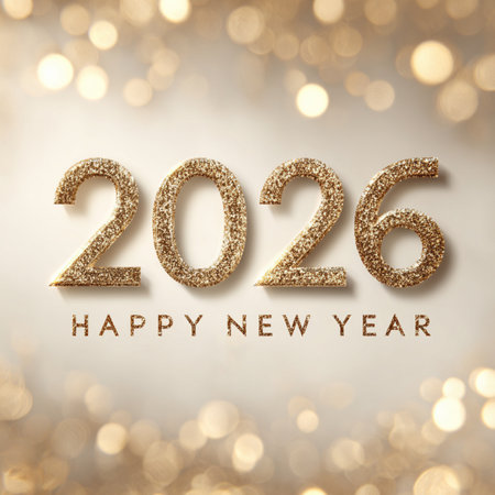 Happy New Year 2026 greeting banner featuring golden numbers on a clean white background with a soft...