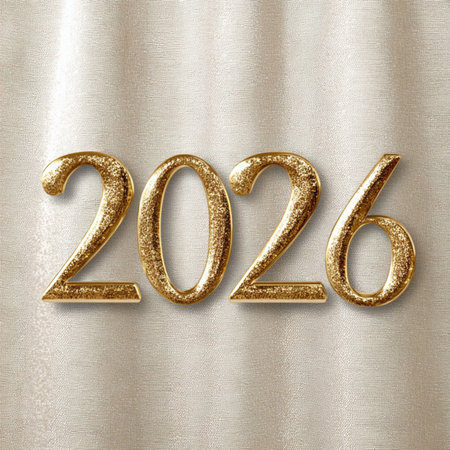 Happy New Year 2026 greeting banner featuring golden numbers on a clean white background with a soft...