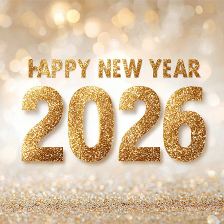 Happy New Year 2026 greeting banner featuring golden numbers on a clean white background with a soft...