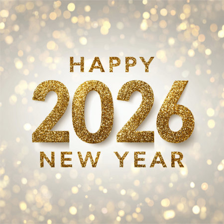 Happy New Year 2026 greeting banner featuring golden numbers on a clean white background with a soft...