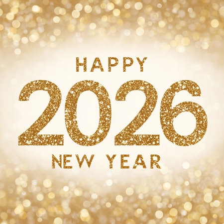 Happy New Year 2026 greeting banner featuring golden numbers on a clean white background with a soft...