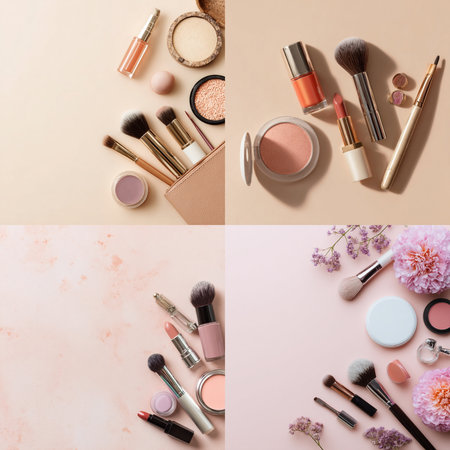 A top view flat lay of various elegant makeup and skincare products arranged with delicate pink flowers on a soft pastel background. The scene includes brushes, lipstick, powder, and cosmetic containers in a feminine and luxurious layout. Ideal for promoting beauty, wellness, and lifestyle products with a calming, clean, and modern aestheticの写真素材